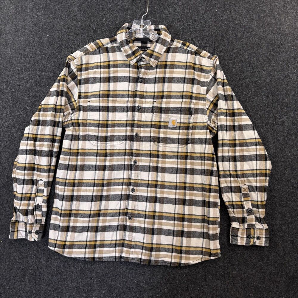 Carhartt Rugged Flex Shirt Men's Large Beige Plaid Flannel Relaxed Fit Midweight